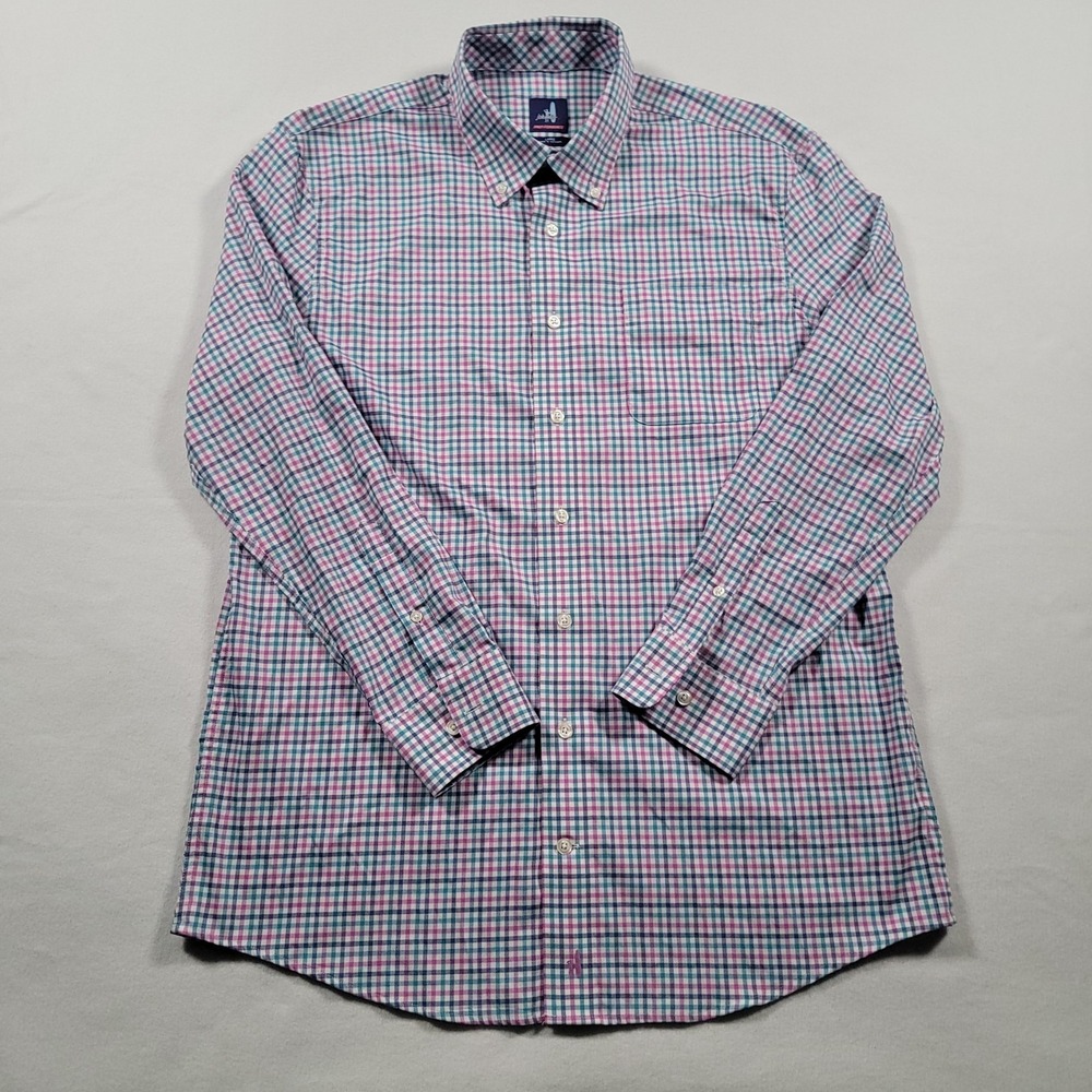 Johnnie-O Stan Prep-Formance Button Down Shirt Large Strawberry Plaid Stretch - Picture 2 of 11